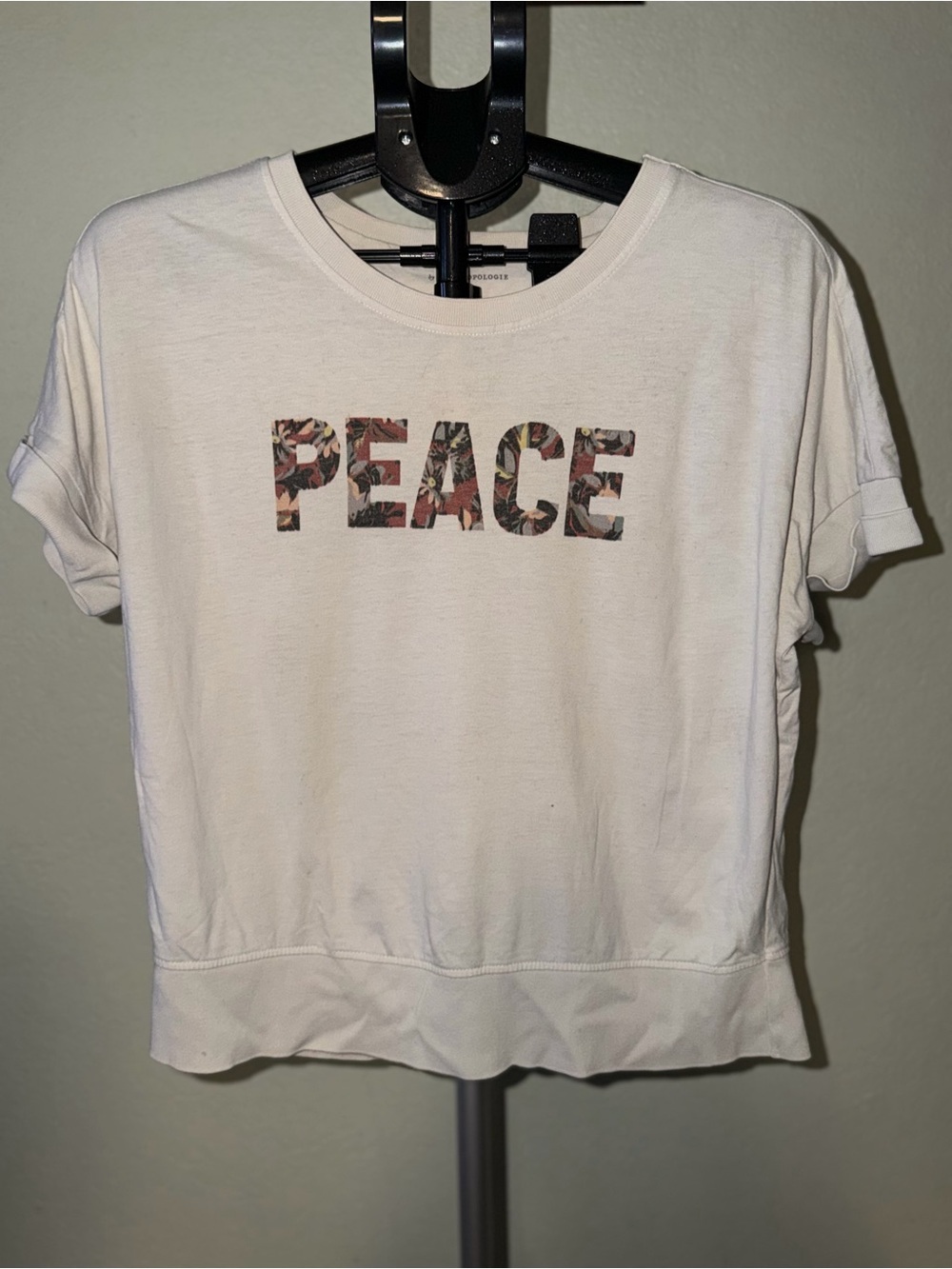 Anthropologie White Tee with Floral 'PEACE' Lettering